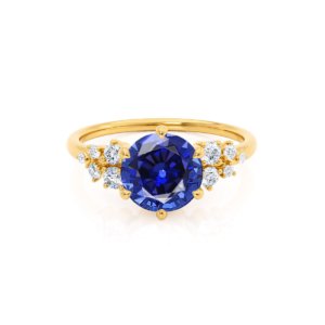 Round Blue Sapphire Starburst Cluster Shoulder Set Engagement Ring