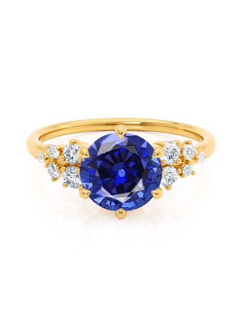 Round Blue Sapphire Starburst Cluster Shoulder Set Engagement Ring