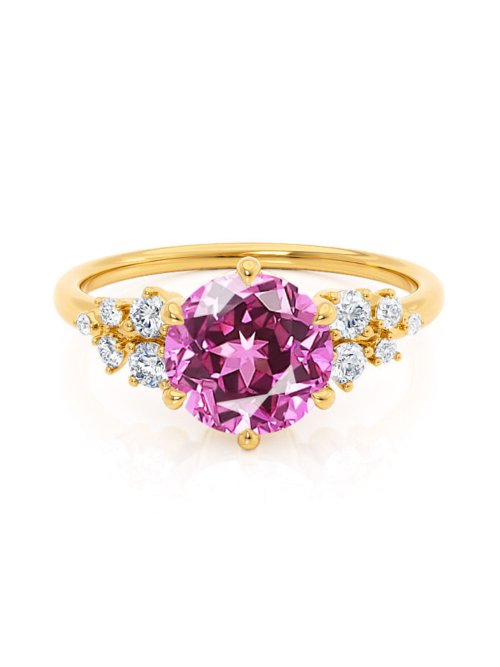 Round Pink Sapphire Starburst Cluster Shoulder Set Engagement Ring